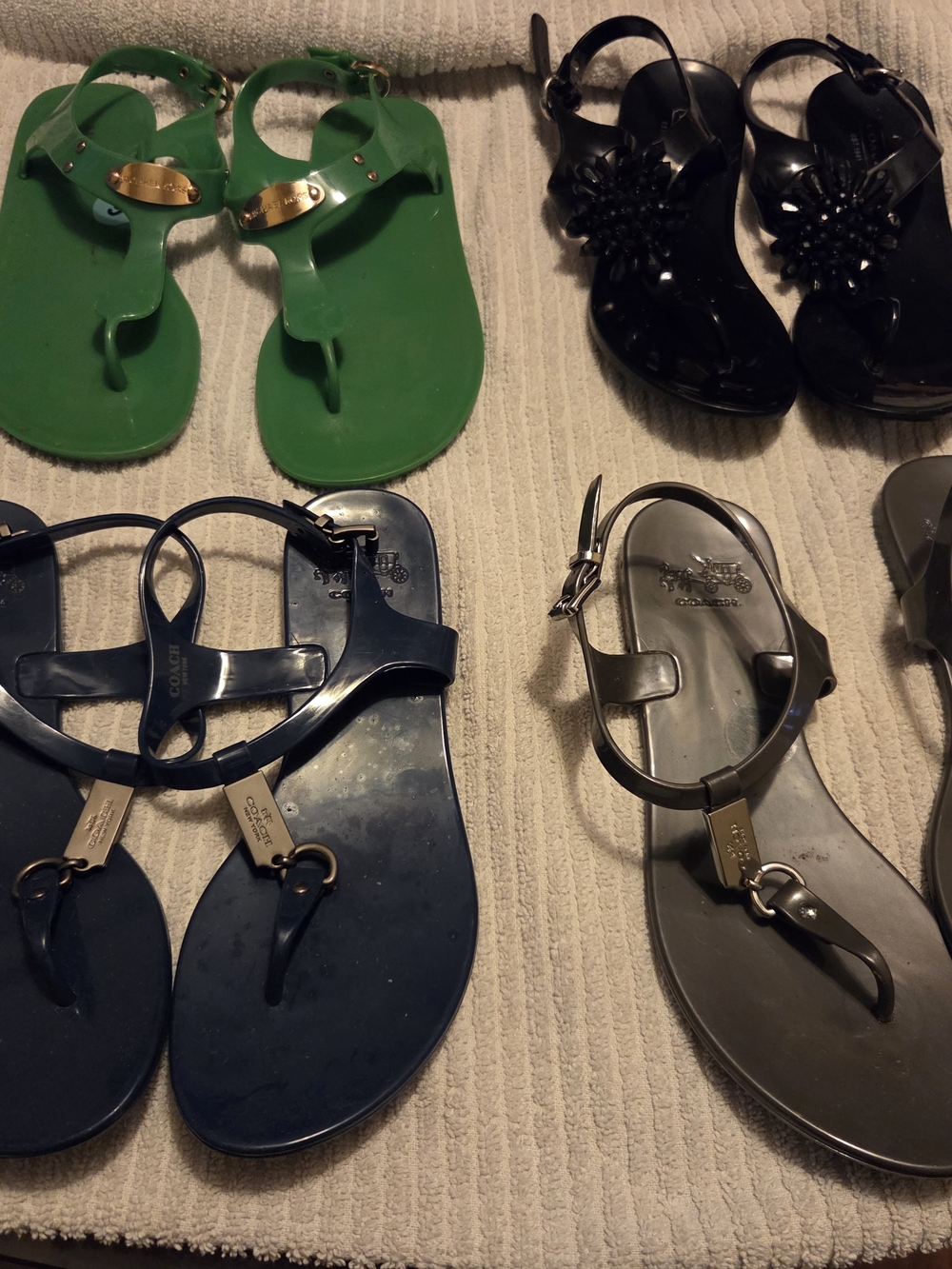 Coach Jelly Sandals in Green, Navy, Black and Metallic Gray